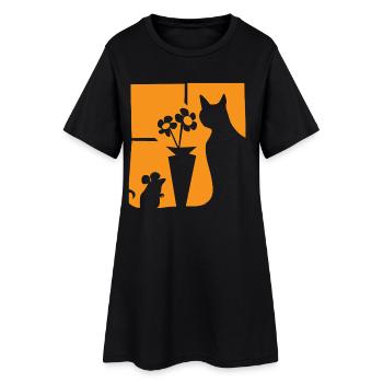 Halloween Cat Mouse Flowers Orange Window - Women’s T-Shirt Dress - black - Front