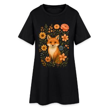 Fuchs mit Blumen Cottagecore - Frauen T-Shirt-Kleid - Schwarz - Vorne