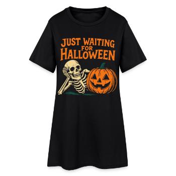 Just Waiting For Halloween Skeleton Pumpkin Fun - Women’s T-Shirt Dress - black - Front
