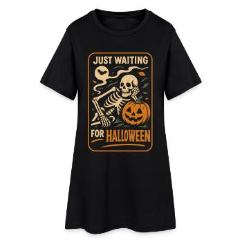 Juste En Attendant Alloween, Squelette, Citrouille - Robe T-shirt Femme - noir - Devant