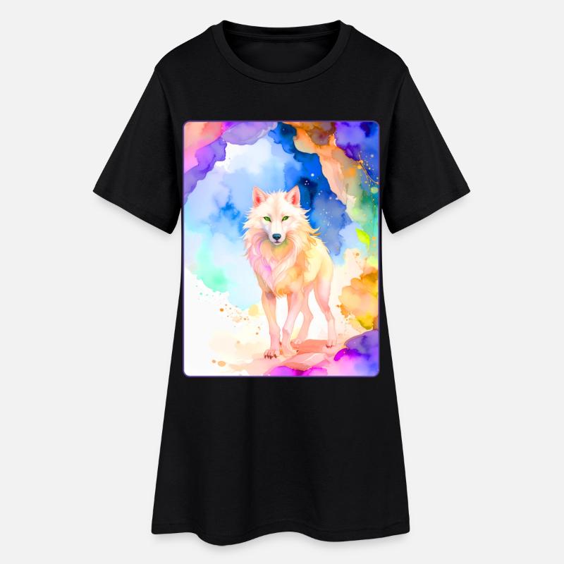 Loup blanc devant une grotte colorée - Robe T-shirt Femme - noir