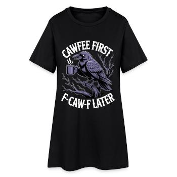 Kaffee zuerst: Krähe mit Becher - Frauen T-Shirt-Kleid - Schwarz - Vorne