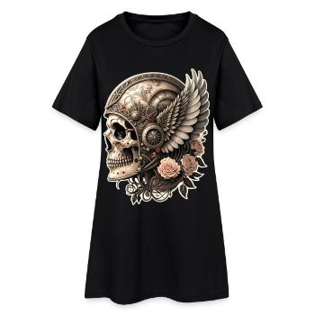 Tête de mort motard moto vintage ailes et fleurs - Robe T-shirt Femme - noir - Devant
