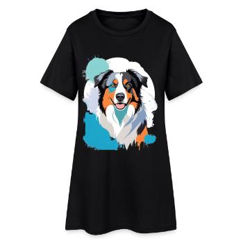 Buntes Aussie-Hundeporträt mit Farbspritzern - Frauen T-Shirt-Kleid - Schwarz - Vorne