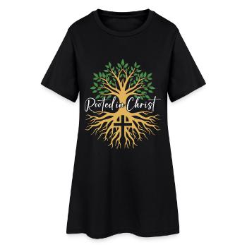 Rooted in Christ – Baum & Kreuz Glaube - Frauen T-Shirt-Kleid - Schwarz - Vorne