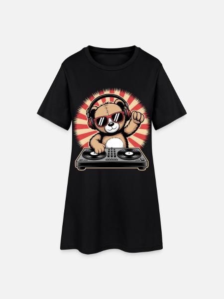 DJ Bär mit Kopfhörern - Frauen T-Shirt-Kleid - Schwarz