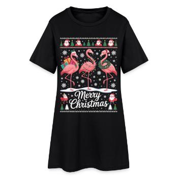Flamingo Christmas Shirt with Santa and Gift - Women’s T-Shirt Dress - black - Front