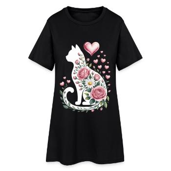 Fleur Chat Silhouette Roses Coeurs - Robe T-shirt Femme - noir - Devant