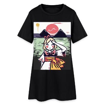 Fille japonaise avec le soleil, la mer et les montagnes - Robe T-shirt Femme - noir - Devant