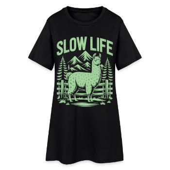 Slow Life Lama Shirt – Entspannt durchs Leben - Frauen T-Shirt-Kleid - Schwarz - Vorne