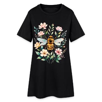 Biene im Blütenrahmen - Frauen T-Shirt-Kleid - Schwarz - Vorne