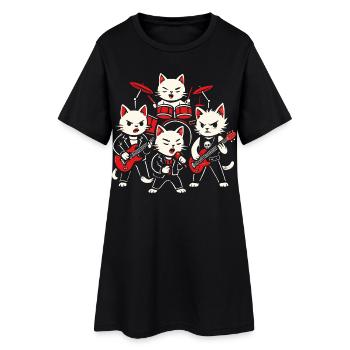Rock Band Cats Playing Drums Guitars Music Graphic - Women’s T-Shirt Dress - black - Front