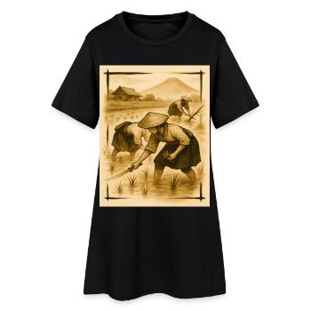 Champs, riz et agriculteurs, culture du riz à l’aube - Robe T-shirt Femme - noir - Devant