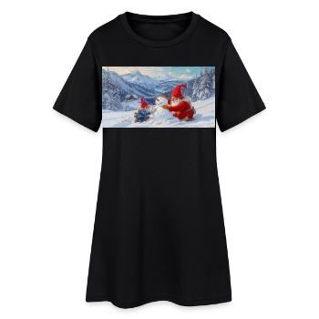 Two dwarfs and snowman in the winter landscape - Women’s T-Shirt Dress - black - Front