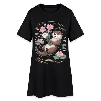 Otter T-Shirt with Flowers - Women’s T-Shirt Dress - black - Front