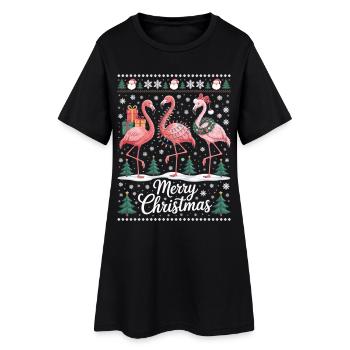 Flamants roses de Noël avec des flocons de neige et des décorations - Robe T-shirt Femme - noir - Devant