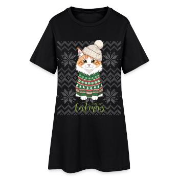 Katzenweihnachten im grünen und beigefarbenen Pullover - Frauen T-Shirt-Kleid - Schwarz - Vorne