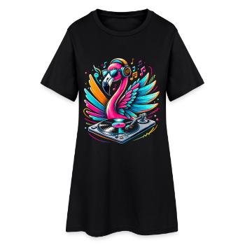 DJ Flamingo with headphones and turntable - Women’s T-Shirt Dress - black - Front