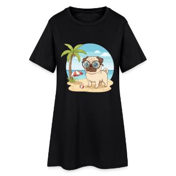 Adorable carlin à lunettes en vacances d'été à la plage - Robe T-shirt Femme - noir - Devant