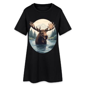 Moose Illustration in Mountain River Landscape - Women’s T-Shirt Dress - black - Front