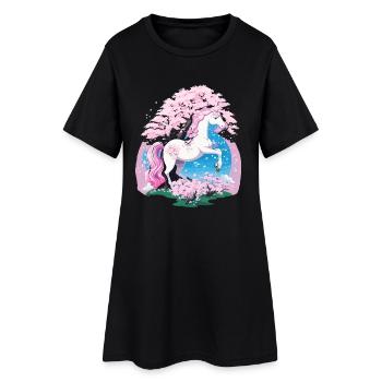 Pastel Unicorn in Cherry Blossom Forest - Women’s T-Shirt Dress - black - Front