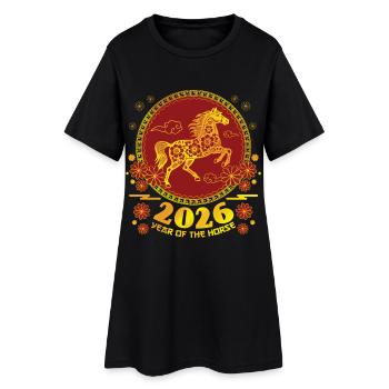 Pferdejahr 2026 Chinesisches Neujahr Chinesisches Tierkreis - Frauen T-Shirt-Kleid - Schwarz - Vorne