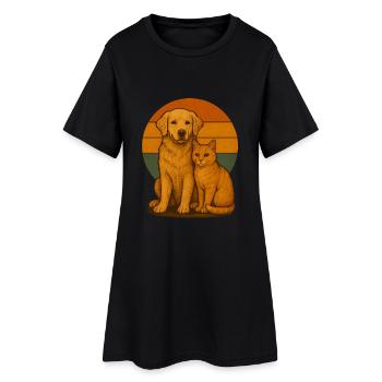 Golden Retriever und Katze - Frauen T-Shirt-Kleid - Schwarz - Vorne