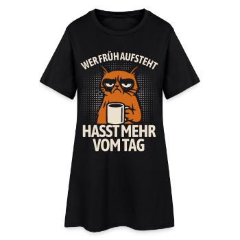 Katze - Wer früh aufsteht hasst mehr vom Tag - Frauen T-Shirt-Kleid - Schwarz - Vorne