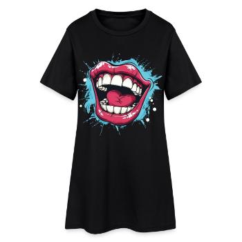 Lachender Cartoon, Mund weit offen und rote Lippen - Frauen T-Shirt-Kleid - Schwarz - Vorne