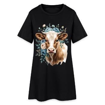 Portrait de vache avec une couronne de fleurs - Robe T-shirt Femme - noir - Devant