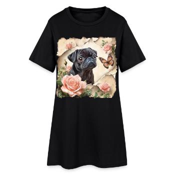 Schwarzer Mops mit Schmetterling - Frauen T-Shirt-Kleid - Schwarz - Vorne
