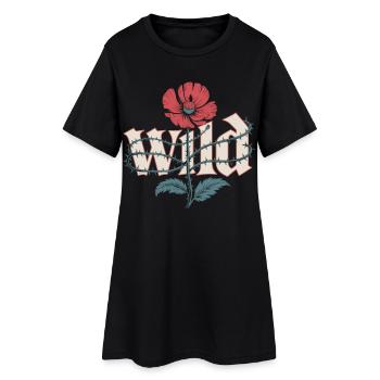 Wildblume Shirt mit Mohn Motiv - Frauen T-Shirt-Kleid - Schwarz - Vorne