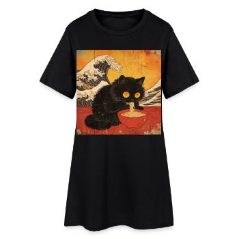 Japan Cat Ramen Noodles Retro Wave Pattern - Women’s T-Shirt Dress - black - Front