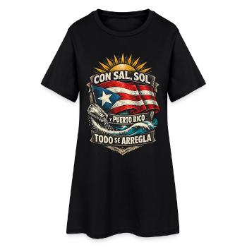 Puerto Rico Boricua Con Sal, Sol Todo Se Arregla - Frauen T-Shirt-Kleid - Schwarz - Vorne