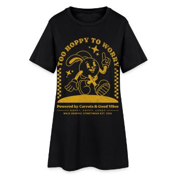 Hoppiger Hase: Gute Laune Streetwear - Frauen T-Shirt-Kleid - Schwarz - Vorne
