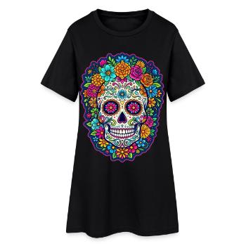 Tête de mort mexicaine sugar skull crâne fleurs - Robe T-shirt Femme - noir - Devant