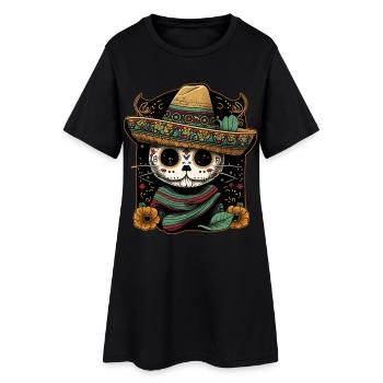 Mexican Cat Cinco De Mayo Sugar Skull Sombrero - Women’s T-Shirt Dress - black - Front