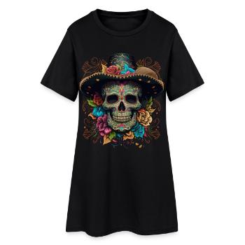 Crâne en sucre vibrant dans un sombrero floral - Robe T-shirt Femme - noir - Devant