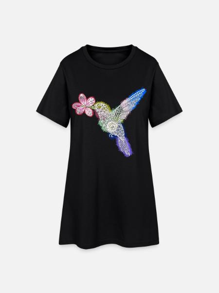 Zentangle Hummingbird with Flower - Women’s T-Shirt Dress - black