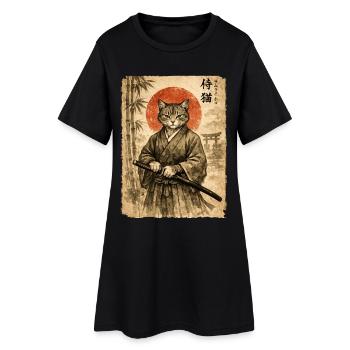 Samurai, Katze, Kater, Japanische Kunst, Anime - Frauen T-Shirt-Kleid - Schwarz - Vorne