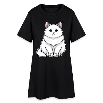 Chat Blanc Fluffy Yeux Bleus Portrait Majestueux - Robe T-shirt Femme - noir - Devant