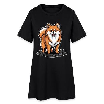 Pomeranian Miniature Spitz Dog on Cute Rock - Women’s T-Shirt Dress - black - Front