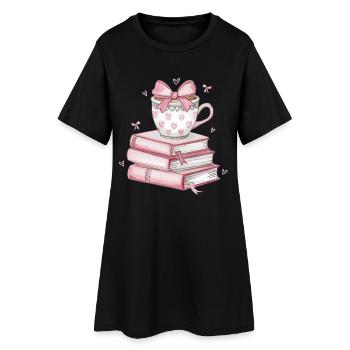 Herz Tasse und Bücherstapel - Frauen T-Shirt-Kleid - Schwarz - Vorne