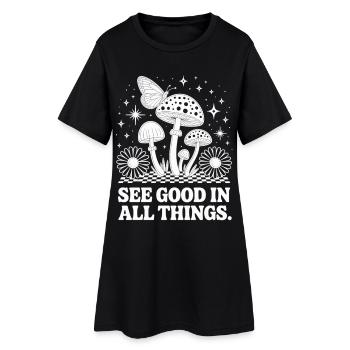 Pilz T-Shirt mit Schmetterling Spirituelles Motiv - Frauen T-Shirt-Kleid - Schwarz - Vorne