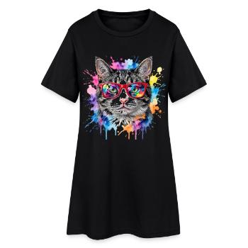 Katzengesicht im Regenbogen-Aquarell Geschenk - Frauen T-Shirt-Kleid - Schwarz - Vorne