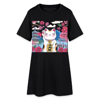Kawaii Lucky Cat Maneki Neko Kirschblüte - Frauen T-Shirt-Kleid - Schwarz - Vorne