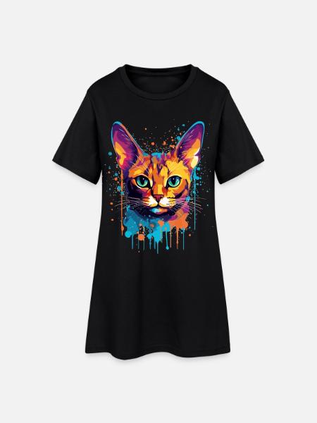 Colorful Splash Art Abyssinian Cat Face - Women’s T-Shirt Dress - black