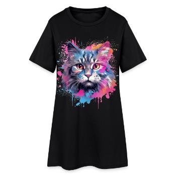 Colorful Splash Art American Bobtail Cat - Women’s T-Shirt Dress - black - Front