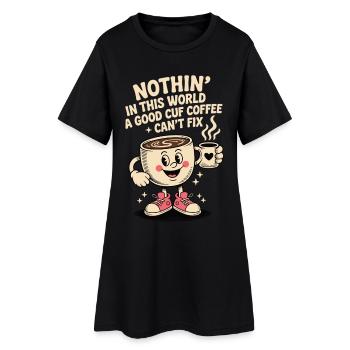 T-shirt café avec une inscription – Motif de dessin animé mignon - Robe T-shirt Femme - noir - Devant