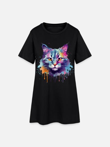 Colorful Splash Art Australian Mist Cat Face - Women’s T-Shirt Dress - black